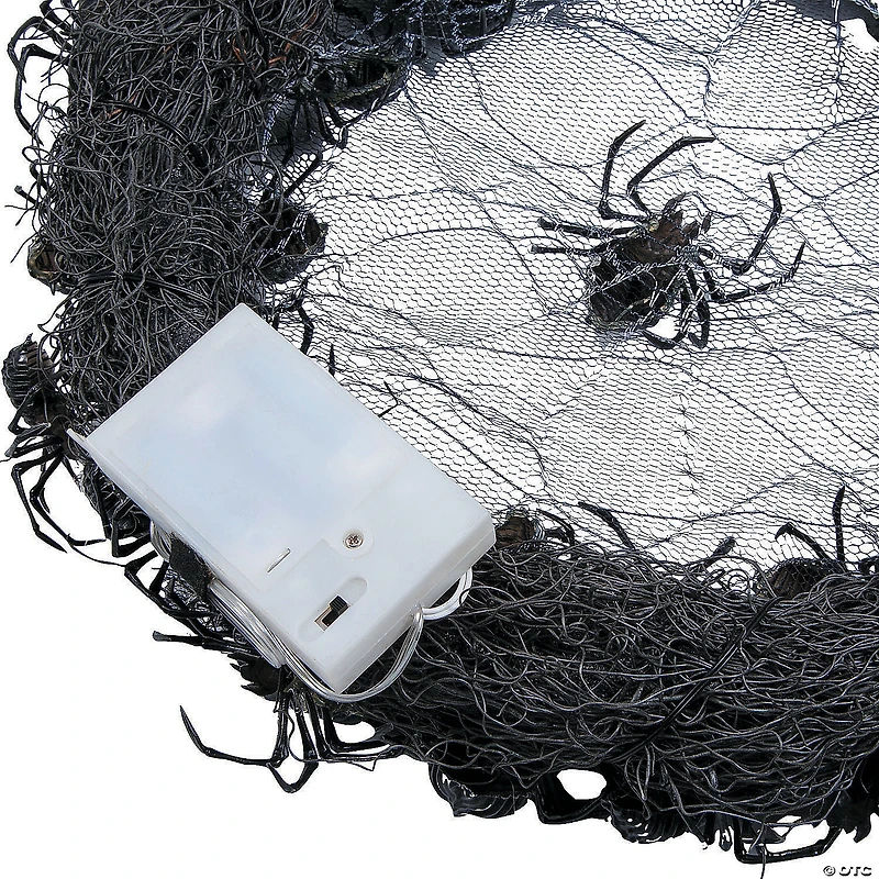 14 3/4" Light-Up Hanging Wreath with Black Spiders Halloween Decoration