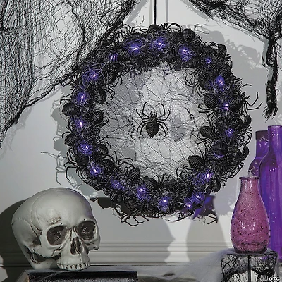 14 3/4" Light-Up Hanging Wreath with Black Spiders Halloween Decoration