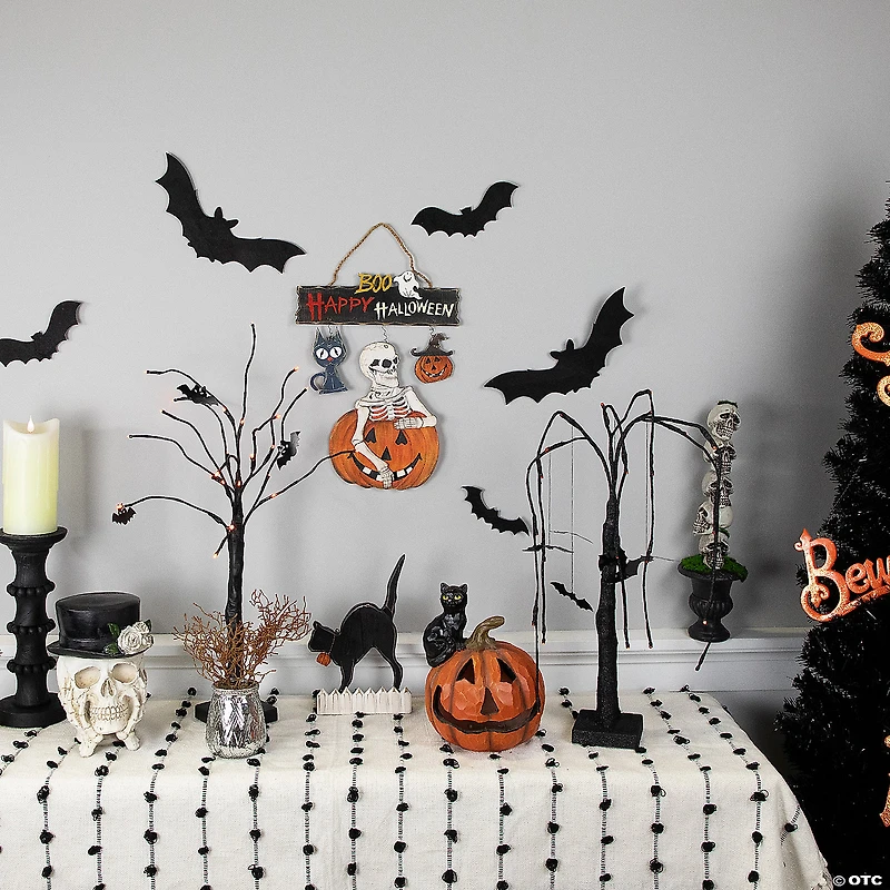 14.5" Skeleton with Jack-O-Lanterns and Black Cat "Happy Halloween" Hanging Decoraton