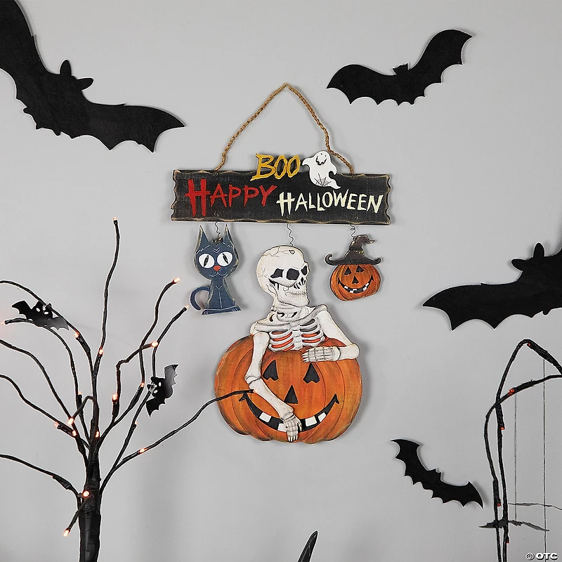 14.5" Skeleton with Jack-O-Lanterns and Black Cat "Happy Halloween" Hanging Decoraton