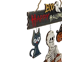 14.5" Skeleton with Jack-O-Lanterns and Black Cat "Happy Halloween" Hanging Decoraton