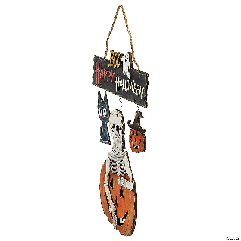 14.5" Skeleton with Jack-O-Lanterns and Black Cat "Happy Halloween" Hanging Decoraton