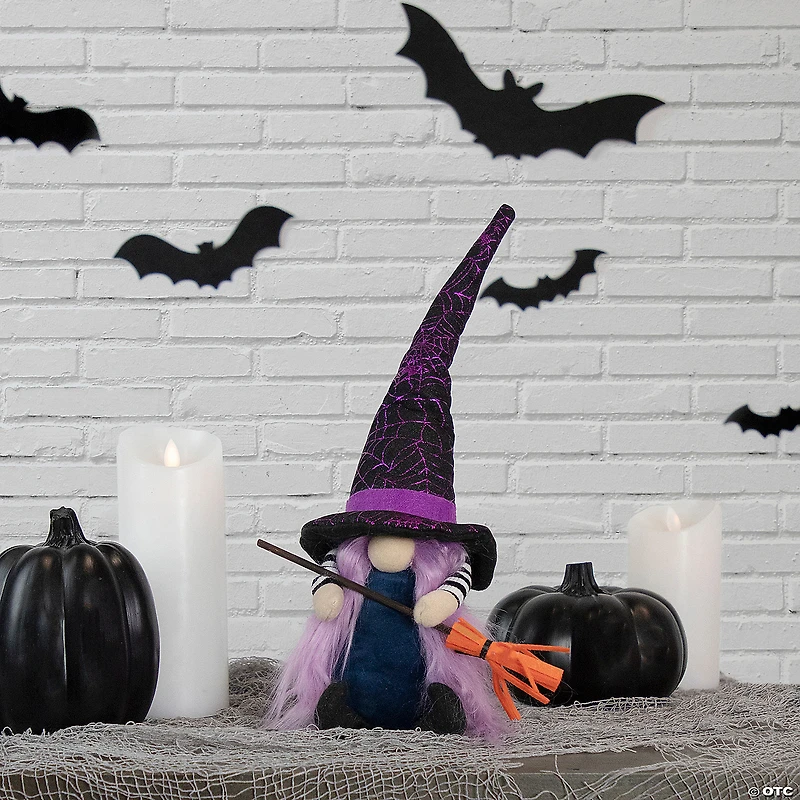 14" Black and Purple Halloween Witch Gnome with Broom