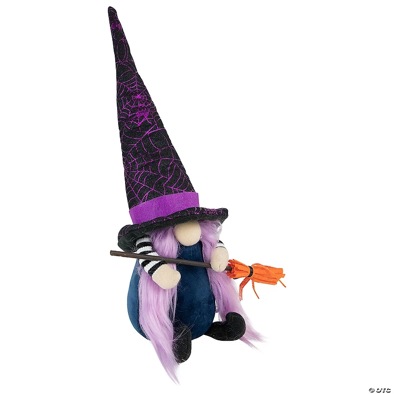 14" Black and Purple Halloween Witch Gnome with Broom