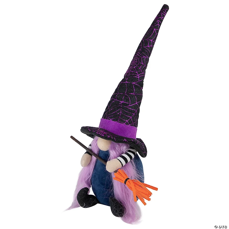 14" Black and Purple Halloween Witch Gnome with Broom