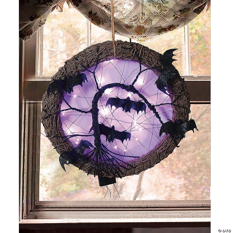 15" LED Lighted Rattan with Bats Halloween Wreath - Purple Lights