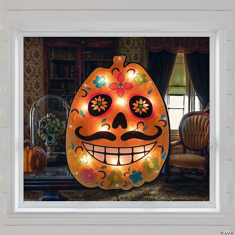15" Lighted Sugar Skull Pumpkin Halloween Window Silhouette