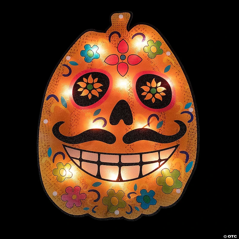 15" Lighted Sugar Skull Pumpkin Halloween Window Silhouette