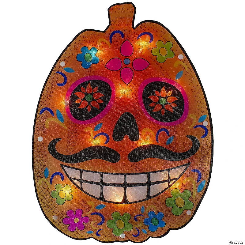 15" Lighted Sugar Skull Pumpkin Halloween Window Silhouette