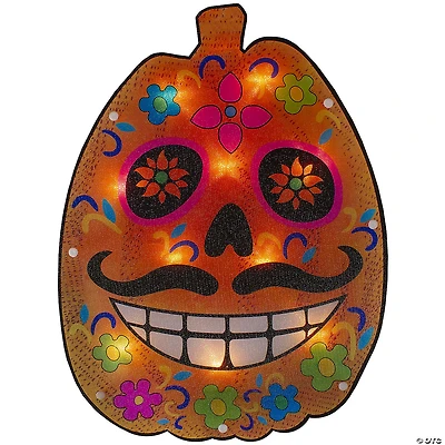 15" Lighted Sugar Skull Pumpkin Halloween Window Silhouette