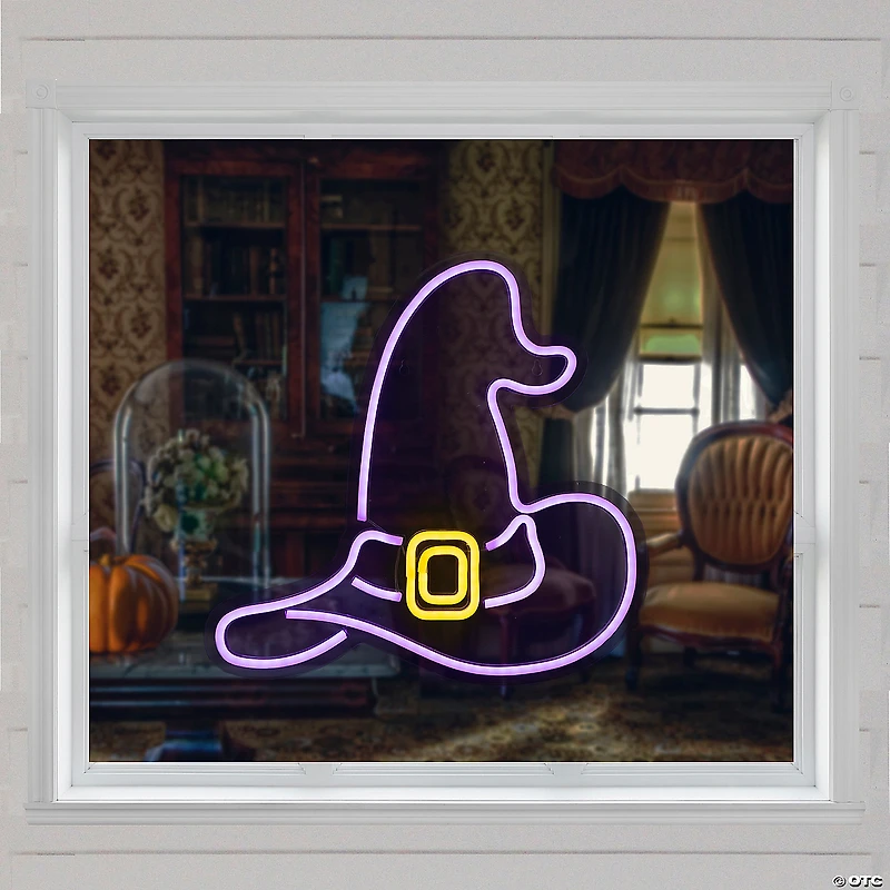 15" Purple LED Lighted Neon Style Witch Hat Halloween Window Silhouette
