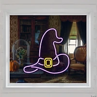 15" Purple LED Lighted Neon Style Witch Hat Halloween Window Silhouette