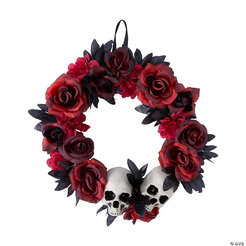 16 3/4" x 3 1/2" Red & Black Flower Wreath with Skulls Halloween Decoration