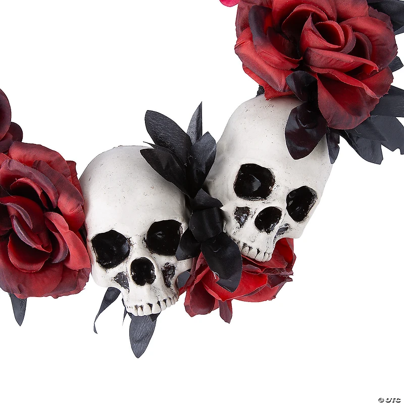16 3/4" x 3 1/2" Red & Black Flower Wreath with Skulls Halloween Decoration