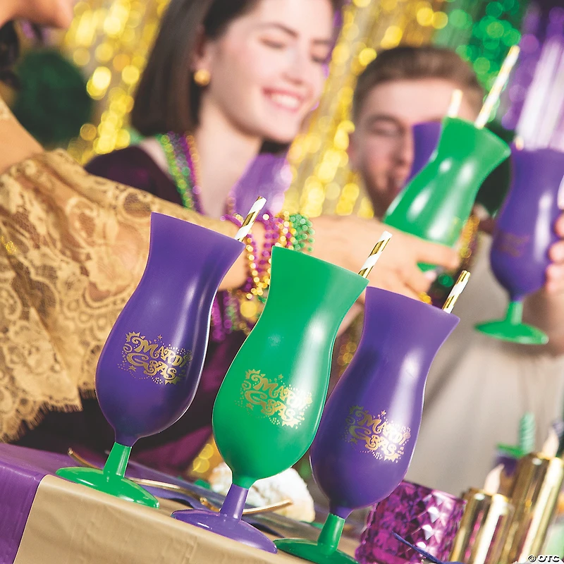 16 oz. Bulk 60 Ct. Mardi Gras Reusable Plastic Hurricane Glasses