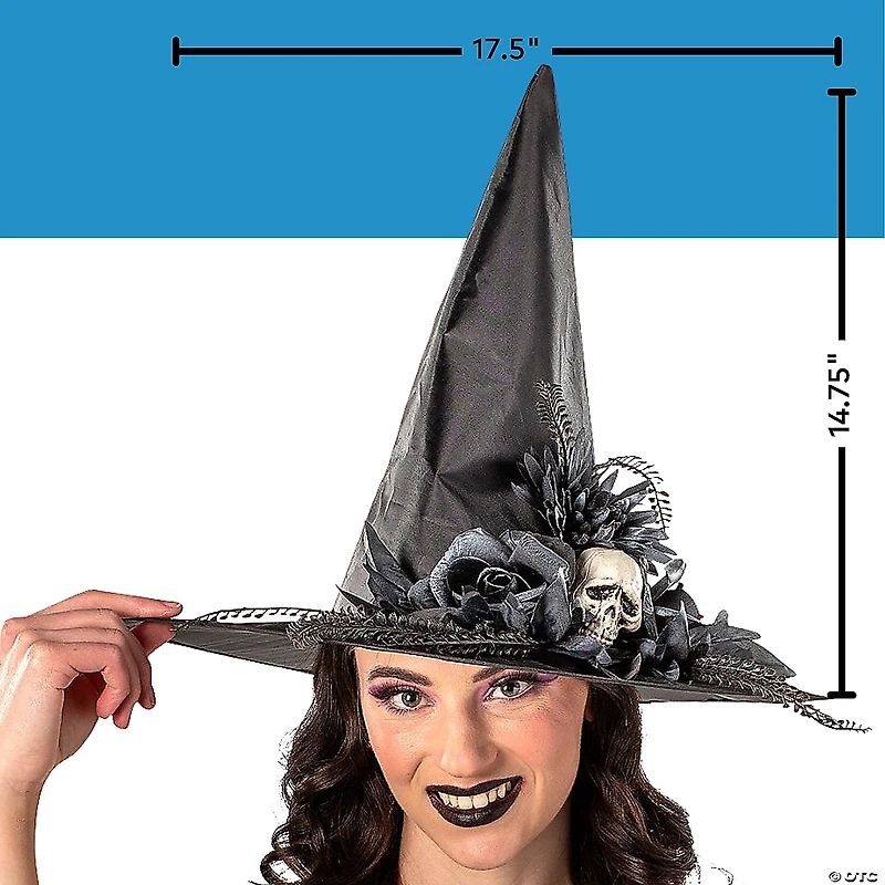 17 1/2" x 14 3/4" Black Flowers & Skull Polyester Witch Hat Costume Accessory
