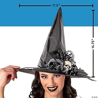 17 1/2" x 14 3/4" Black Flowers & Skull Polyester Witch Hat Costume Accessory