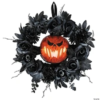 17 1/4" Black Floral Wreath with Light-Up Pumpkin Halloween Decoration