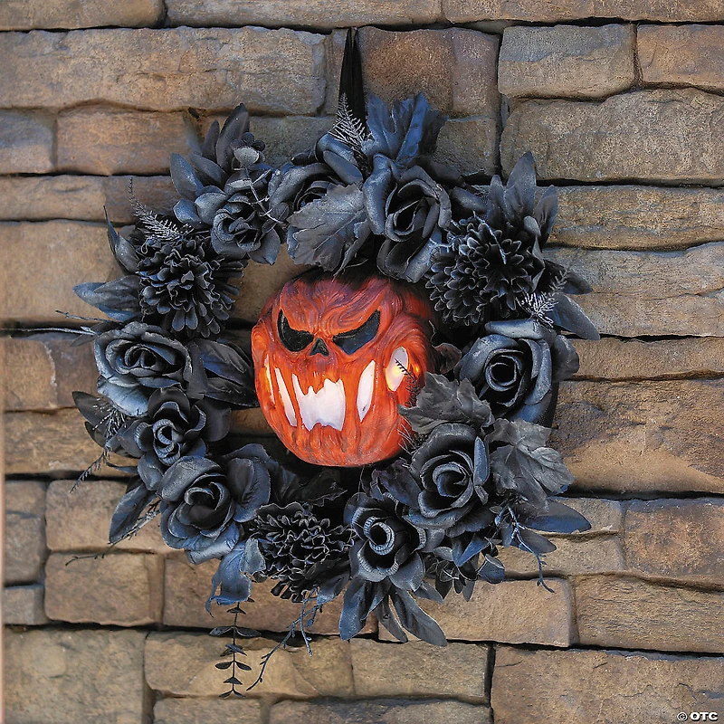 17 1/4" Black Floral Wreath with Light-Up Pumpkin Halloween Decoration
