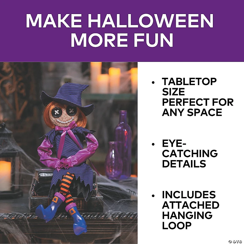 2 Ft. Hanging Mischievous Black & Purple Witch Doll Halloween Decoration