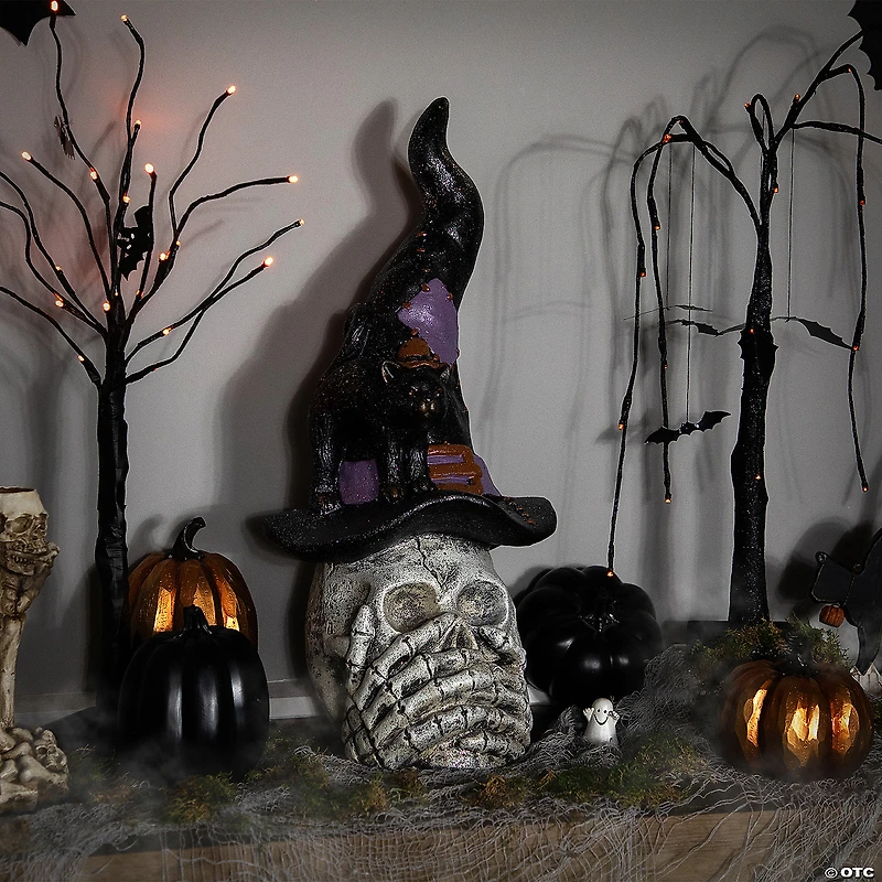 22.75" Skull in Witch Hat with Black Cat Halloween Decoration