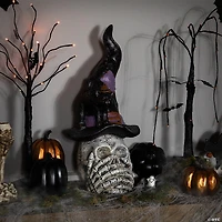 22.75" Skull in Witch Hat with Black Cat Halloween Decoration