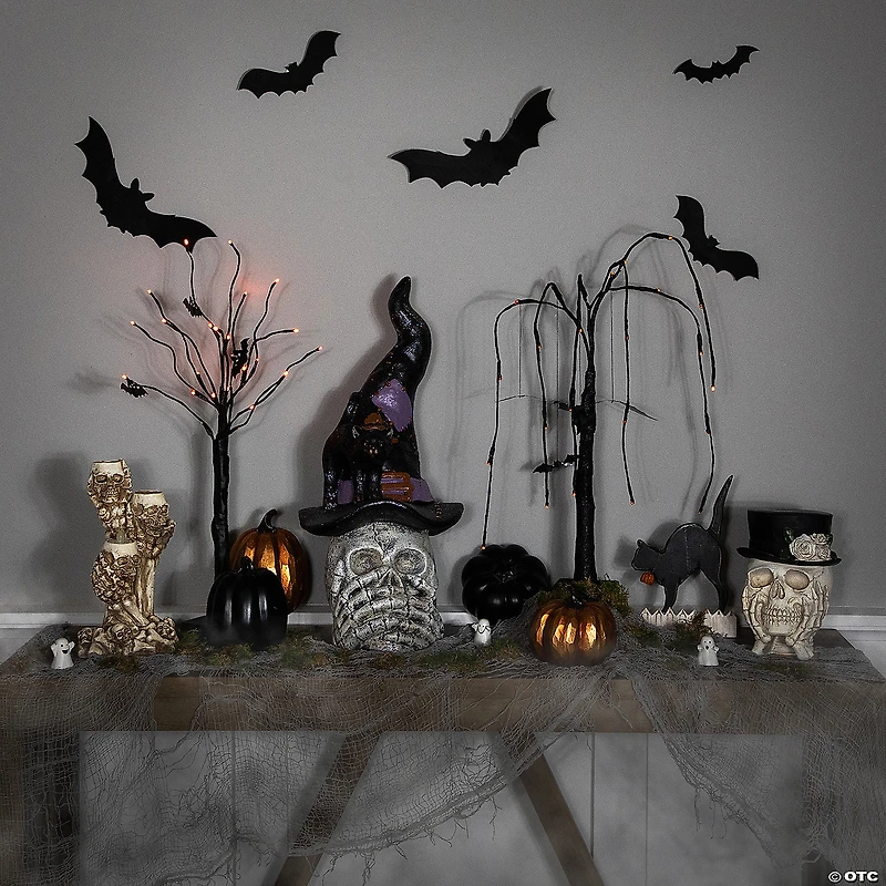 22.75" Skull in Witch Hat with Black Cat Halloween Decoration