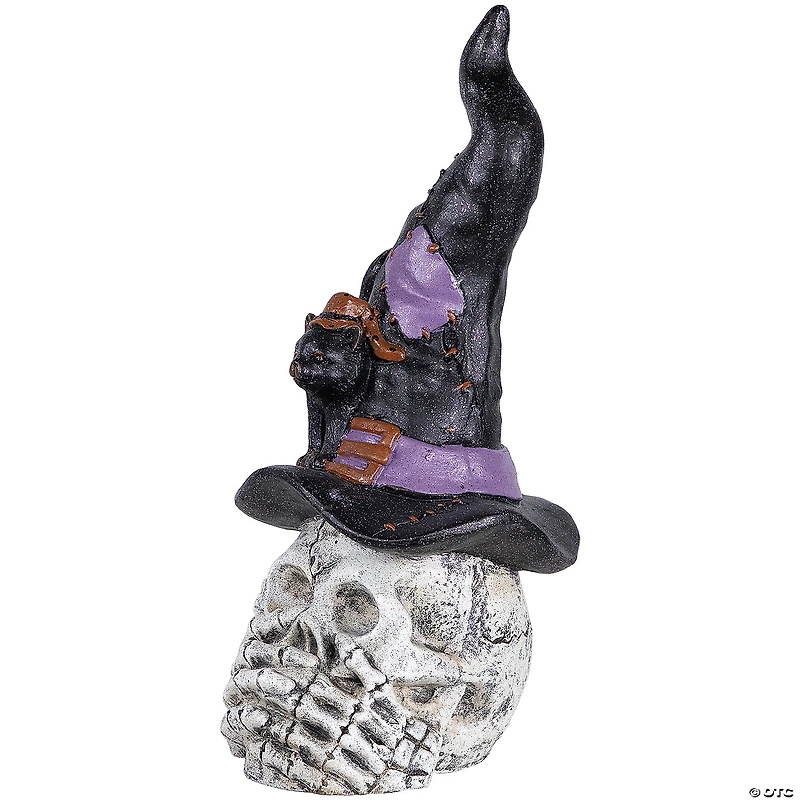 22.75" Skull in Witch Hat with Black Cat Halloween Decoration