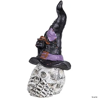 22.75" Skull in Witch Hat with Black Cat Halloween Decoration