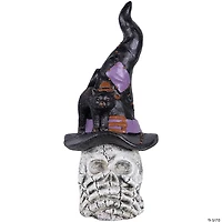 22.75" Skull in Witch Hat with Black Cat Halloween Decoration