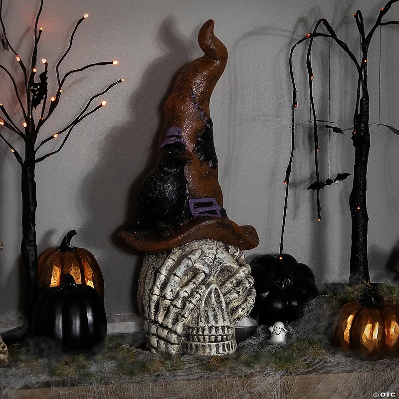 22.75" Skull in Witches Hat with Crow Halloween Decoration
