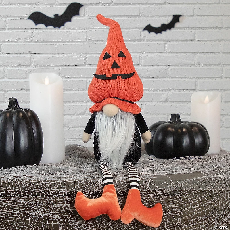 22" Orange and Black Halloween Gnome with Striped Dangling Legs