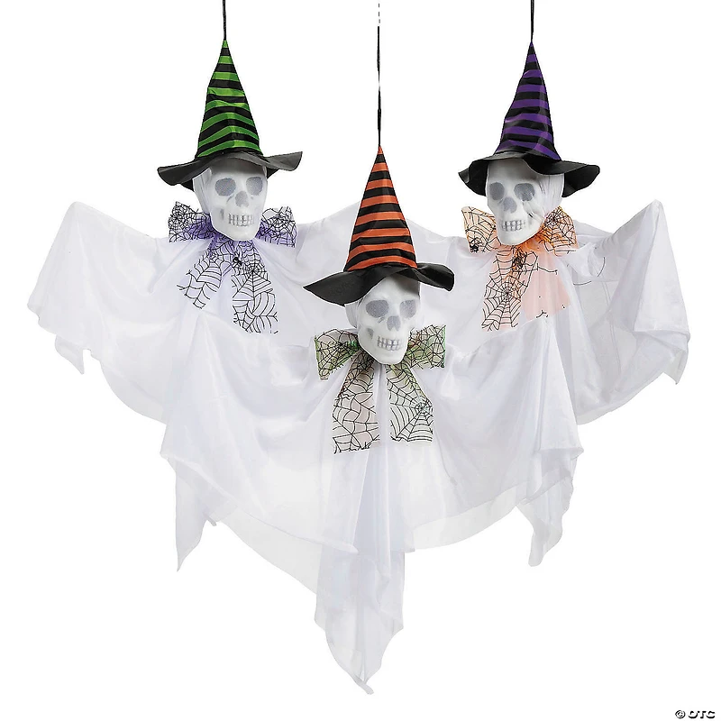 23 1/2" Hanging Light-Up Skeleton Face Ghosts with Witch Hats - Set of 3