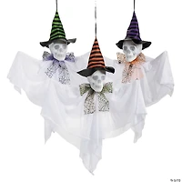 23 1/2" Hanging Light-Up Skeleton Face Ghosts with Witch Hats - Set of 3