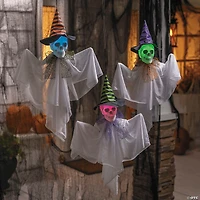 23 1/2" Hanging Light-Up Skeleton Face Ghosts with Witch Hats - Set of 3