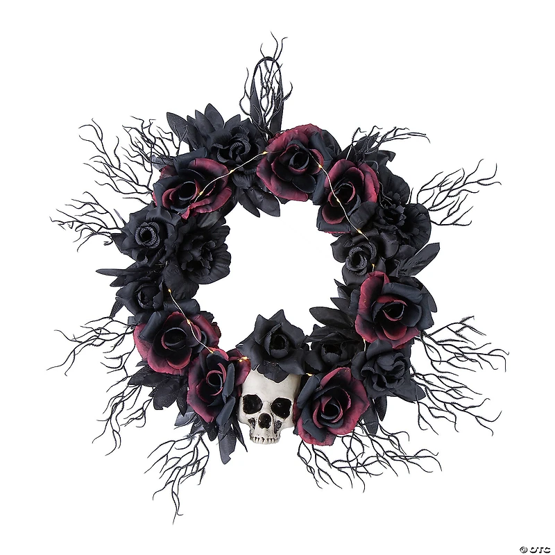 23 1/2" Light-Up Dead Roses & Skull Halloween Wreath Decoration