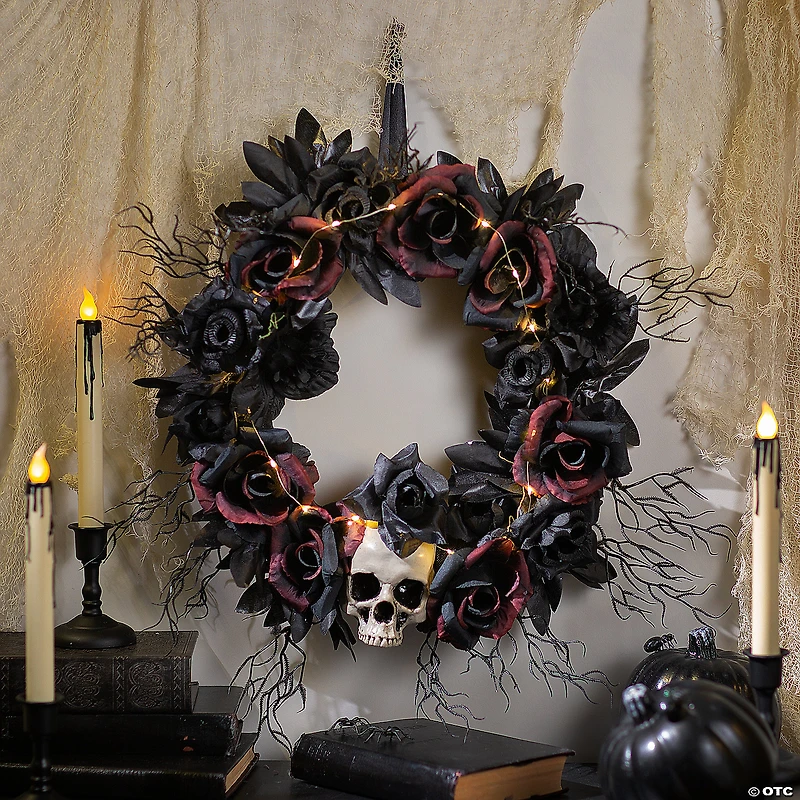 23 1/2" Light-Up Dead Roses & Skull Halloween Wreath Decoration