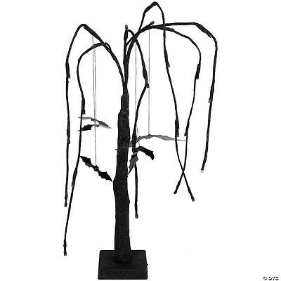24" LED Lighted Black Glittered Halloween Willow Tree with Bats - Orange Lights