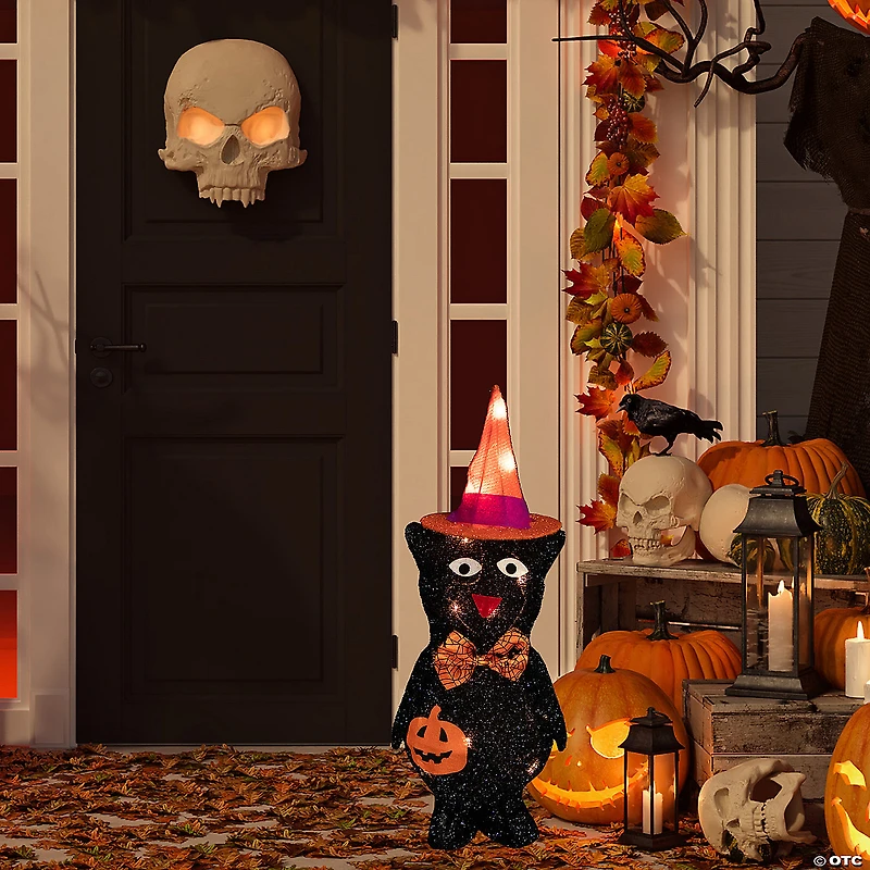 24" Lighted Black Cat in Witch's Hat Halloween Yard Decoration