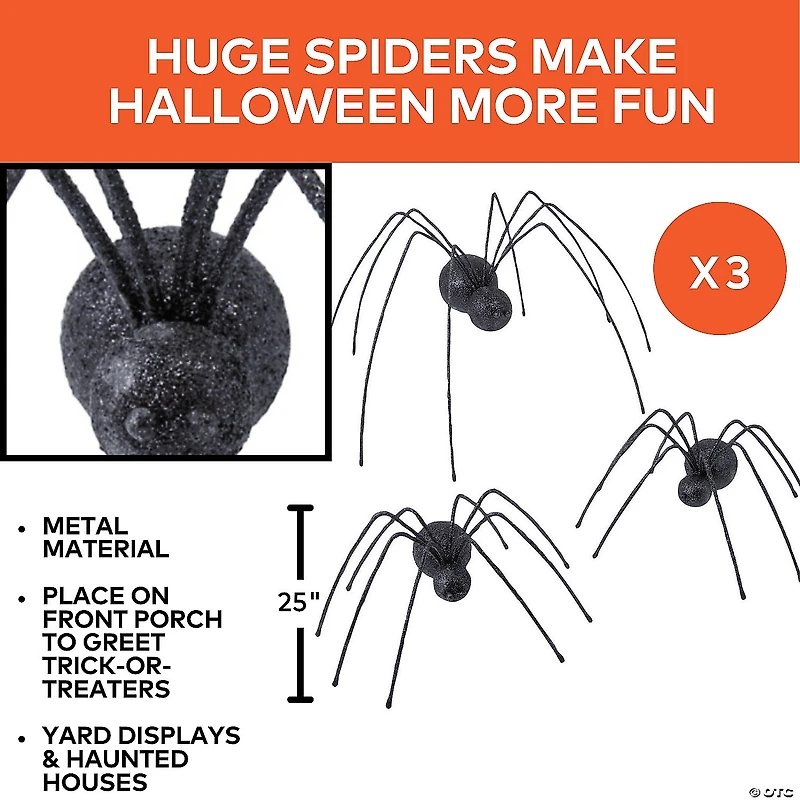 25" Giant Iron Spiders Halloween Decoration - Set of 3