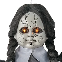27 1/2" Animated Hanging Cracked Face Doll with Black Dress Halloween Decoration