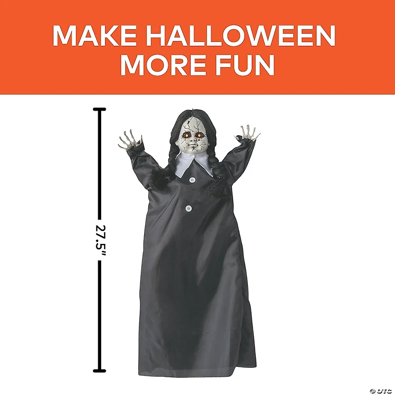 27 1/2" Animated Hanging Cracked Face Doll with Black Dress Halloween Decoration