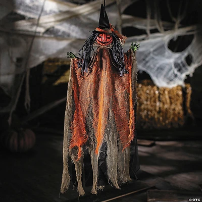 27 1/2" Hanging Orange Pumpkinhead Scarecrow with Hat Halloween Decoration