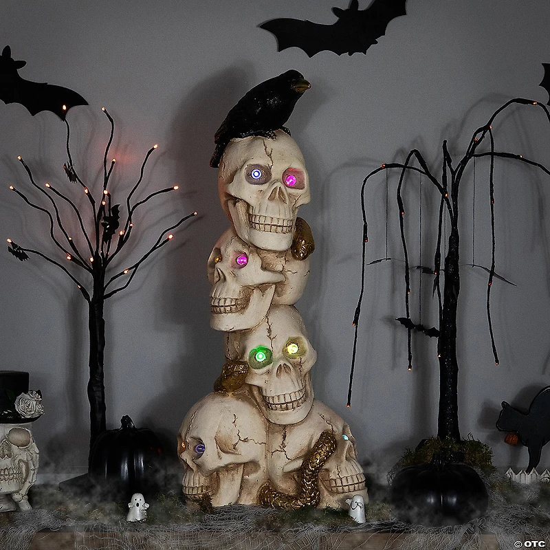 27.5" LED Lighted Skull Tower with Raven Halloween Decoration