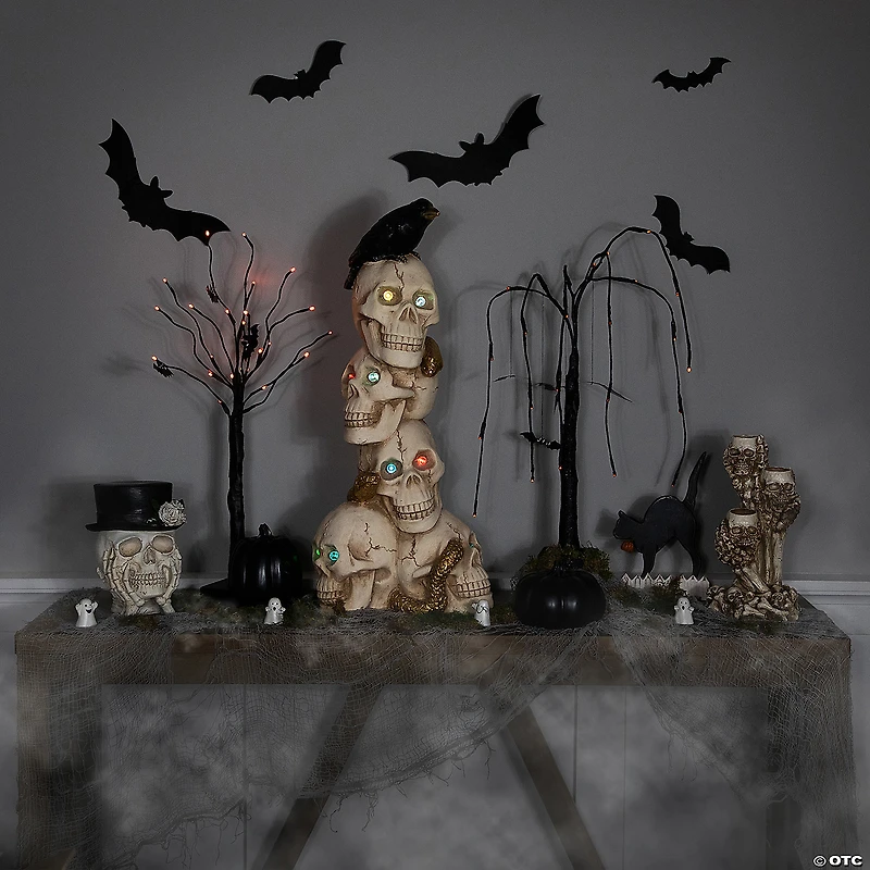 27.5" LED Lighted Skull Tower with Raven Halloween Decoration