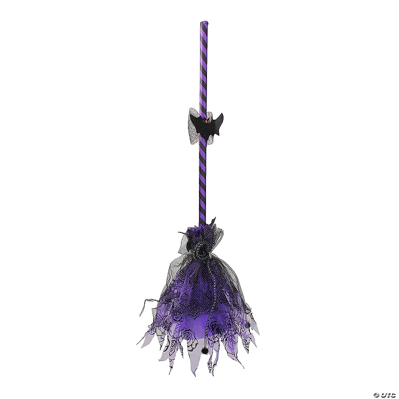 29" Purple and Black Striped Animated Witches Halloween Broom with Bat Accents