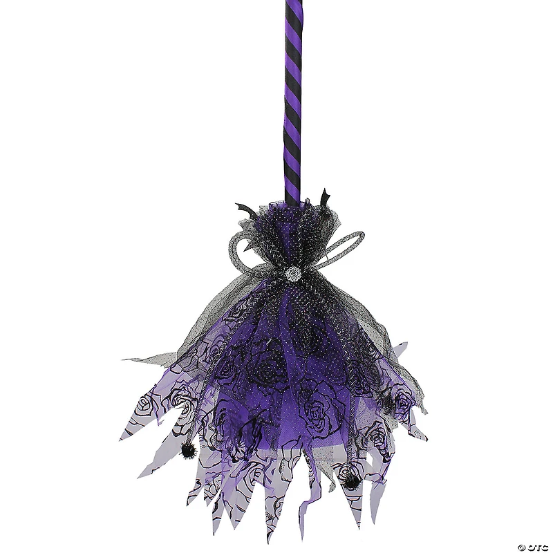 29" Purple and Black Striped Animated Witches Halloween Broom with Bat Accents
