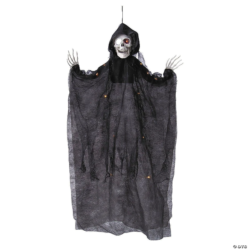 35 1/2" Hanging Light-Up Skeleton with Hooded Black Cloak Halloween Decoration