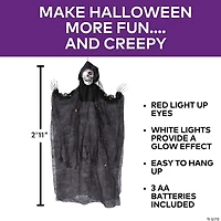 35 1/2" Hanging Light-Up Skeleton with Hooded Black Cloak Halloween Decoration