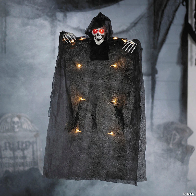 35 1/2" Hanging Light-Up Skeleton with Hooded Black Cloak Halloween Decoration